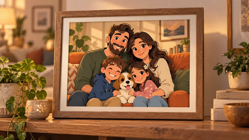 Retrato familiar em quadrinhos original com um cachorro emoldurado em uma prateleira da sala de estar