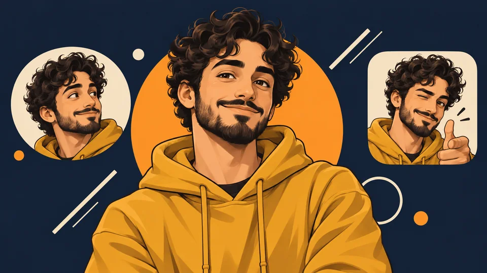 Avatar criador em quadrinhos com cabelos cacheados e moletom mostarda sobre gráficos azul-marinho e laranja