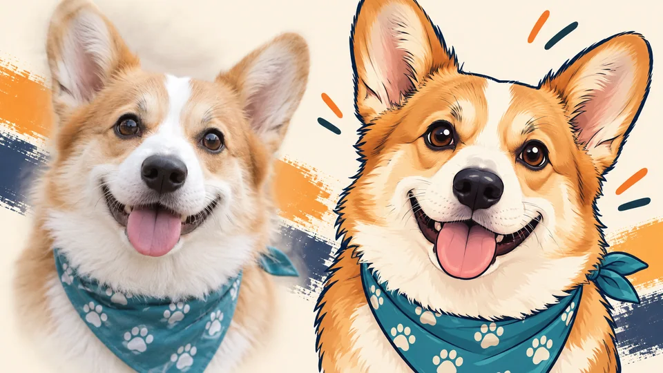 Foto de um corgi transformada em um retrato acolhedor em quadrinhos com uma bandana turquesa