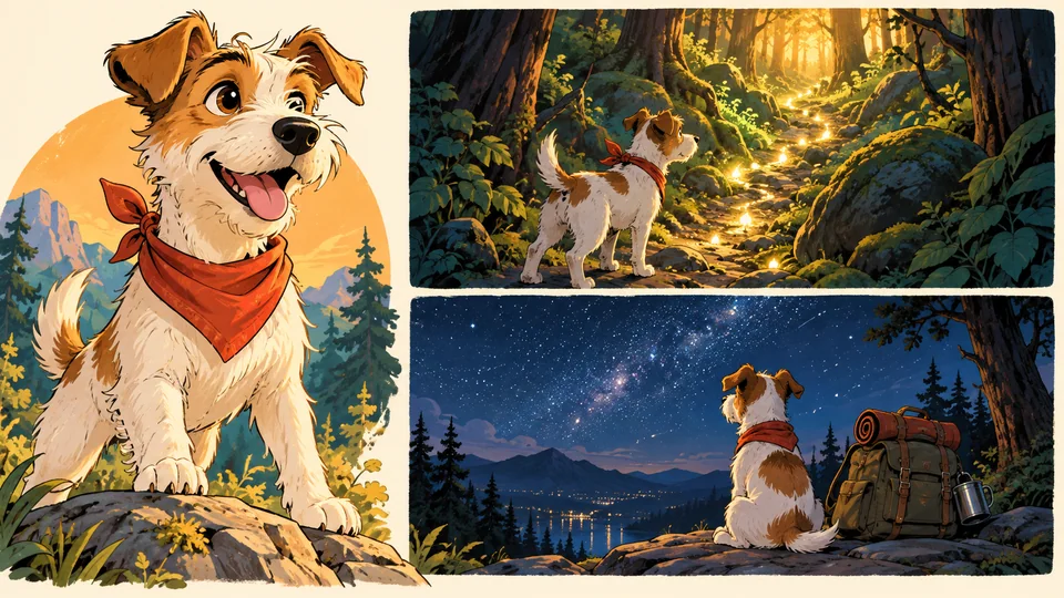 Personagem em quadrinhos de um terrier e dois painéis ilustrados de storyboard de aventura