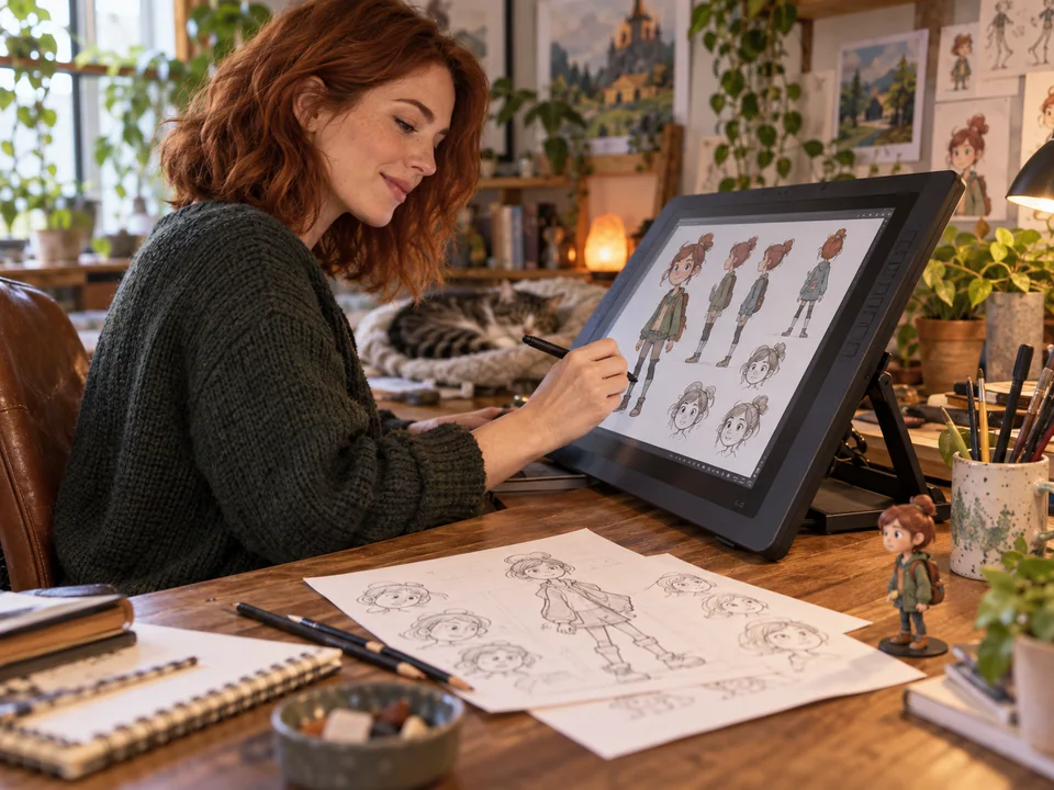 Ilustrador desenvolvendo personagens em quadrinhos em uma mesa criativa acolhedora