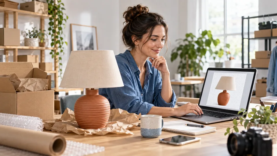 Chủ cửa hàng trực tuyến đang chuẩn bị danh sách sản phẩm đèn bàn đất nung trong khi xem xét phần cắt ảnh đã loại bỏ nền sạch sẽ của sản phẩm trên máy tính xách tay.