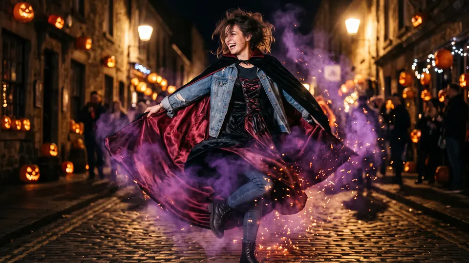 Woman spinning on a Halloween night street as her denim jacket outfit turns into a red-lined vampire cape in a swirl of purple smoke