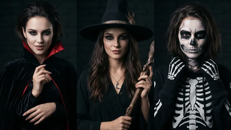The same woman shown as a vampire, a witch and with skeleton face paint