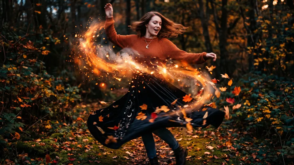 Woman spinning as orange sparks turn her sweater into a black witch dress