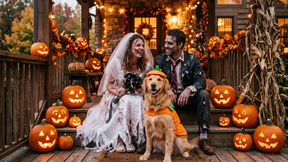 Couple dressed as a zombie bride and groom with a golden retriever in a pumpkin costume on a Halloween porch