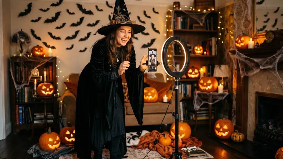 Creator filming a vertical video in a witch costume with a phone on a tripod