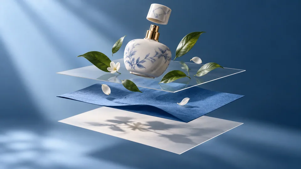 Explodierte Komposition einer keramischen Parfümflasche, grüner Blätter, blauem Papierhintergrund und weichem Schatten, getrennt in vier schwebende parallele Ebenen; elegante Designvisualisierung, ohne Benutzeroberfläche.
