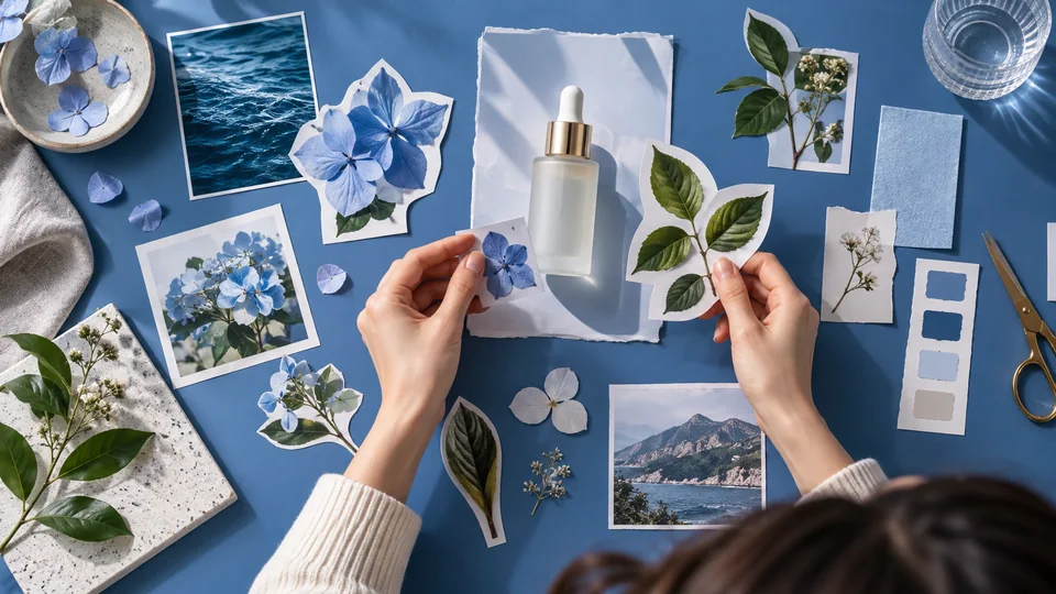Designer arrangiert separate Produkt- und botanische Ausschnitte auf einem blauen redaktionellen Moodboard.
