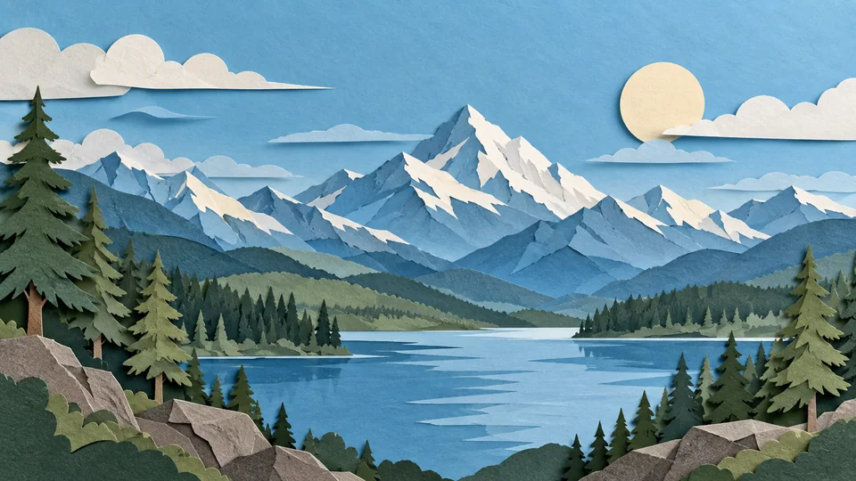 Eine Papier-Schnitt-Landschaftsillustration mit Bergen, Bäumen und Himmel, dargestellt als versetzte geschichtete Blätter.