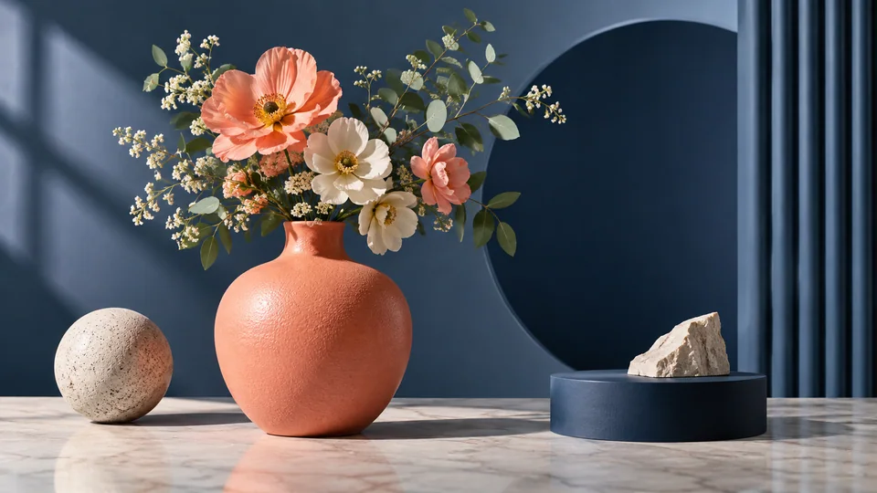 Eine Stillleben-Plakatkomposition einer Korallen-Vase, Blumen und eines navyfarbenen geometrischen Hintergrunds, wobei jedes Element subtil getrennt ist.