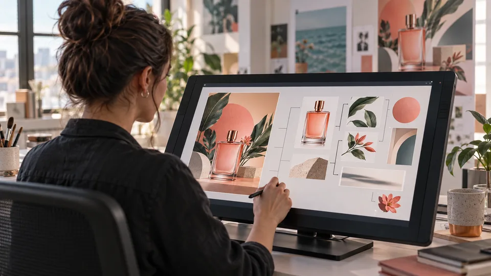 Grafikdesigner nutzt ein Pen-Display, um ein Korallen-Parfüm-Plakat in Produkt-, botanische-, Form- und Schatten-Ebenen zu trennen.