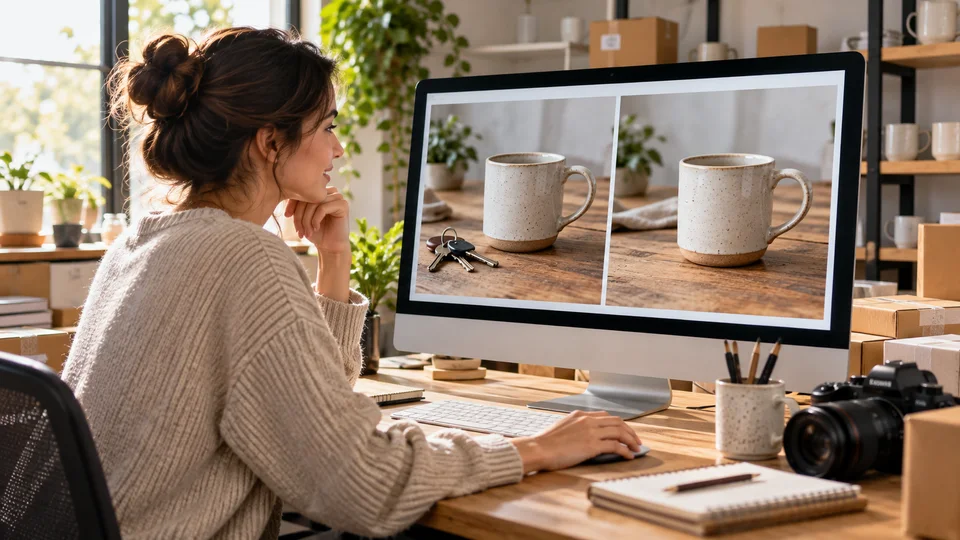 Side-by-side ceramic coffee mug on table; left distracting keys and plastic packaging, right just mug and natural tabletop.