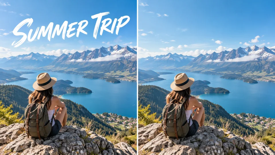 並列表示された同一の旅行風景写真:左側は空に「SUMMER TRIP」という大きなオーバーレイ文字が表示され、右側はその文字が除去され、空と山は変更されていません。