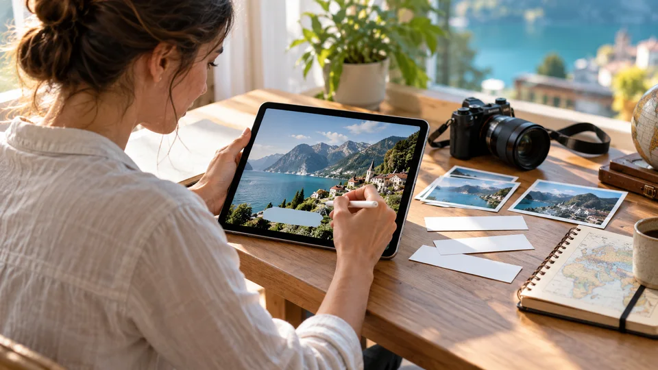 並列表示された同一の旅行風景写真:左側は空に「SUMMER TRIP」という大きなオーバーレイ文字が表示され、右側はその文字が除去され、空と山は変更されていません。