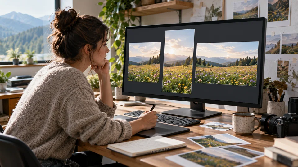Photographer comparing square, vertical and wide crops of same meadow with lone tree displayed as three framed prints.