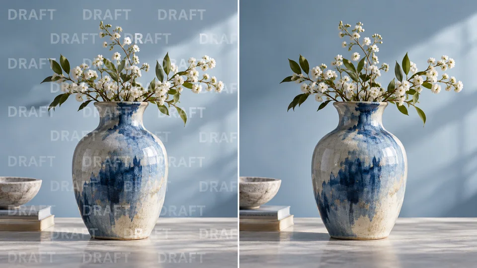 Side-by-side same original studio ceramic vase photo: left translucent repeated text DRAFT laid over image, right no overlay, identical subject lighting background.