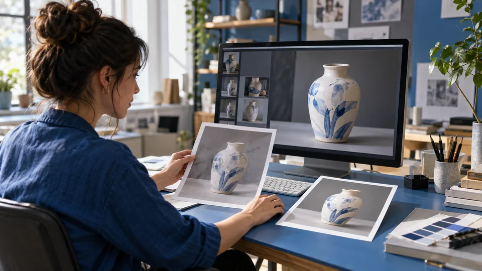 Side-by-side same original studio ceramic vase photo: left translucent repeated text DRAFT laid over image, right no overlay, identical subject lighting background.