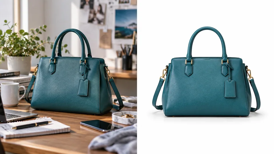 Même sac à main bleu-vert, côté à côté : sur un bureau en désordre, puis centré sur un fond studio blanc pur avec une ombre de contact subtile et des détails matériels précis.