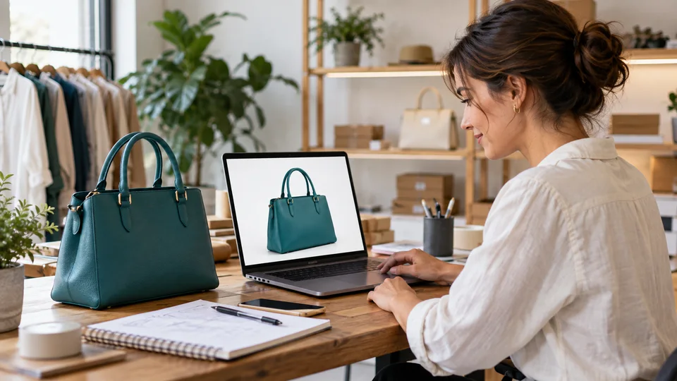 Même sac à main bleu-vert, côté à côté : sur un bureau en désordre, puis centré sur un fond studio blanc pur avec une ombre de contact subtile et des détails matériels précis.